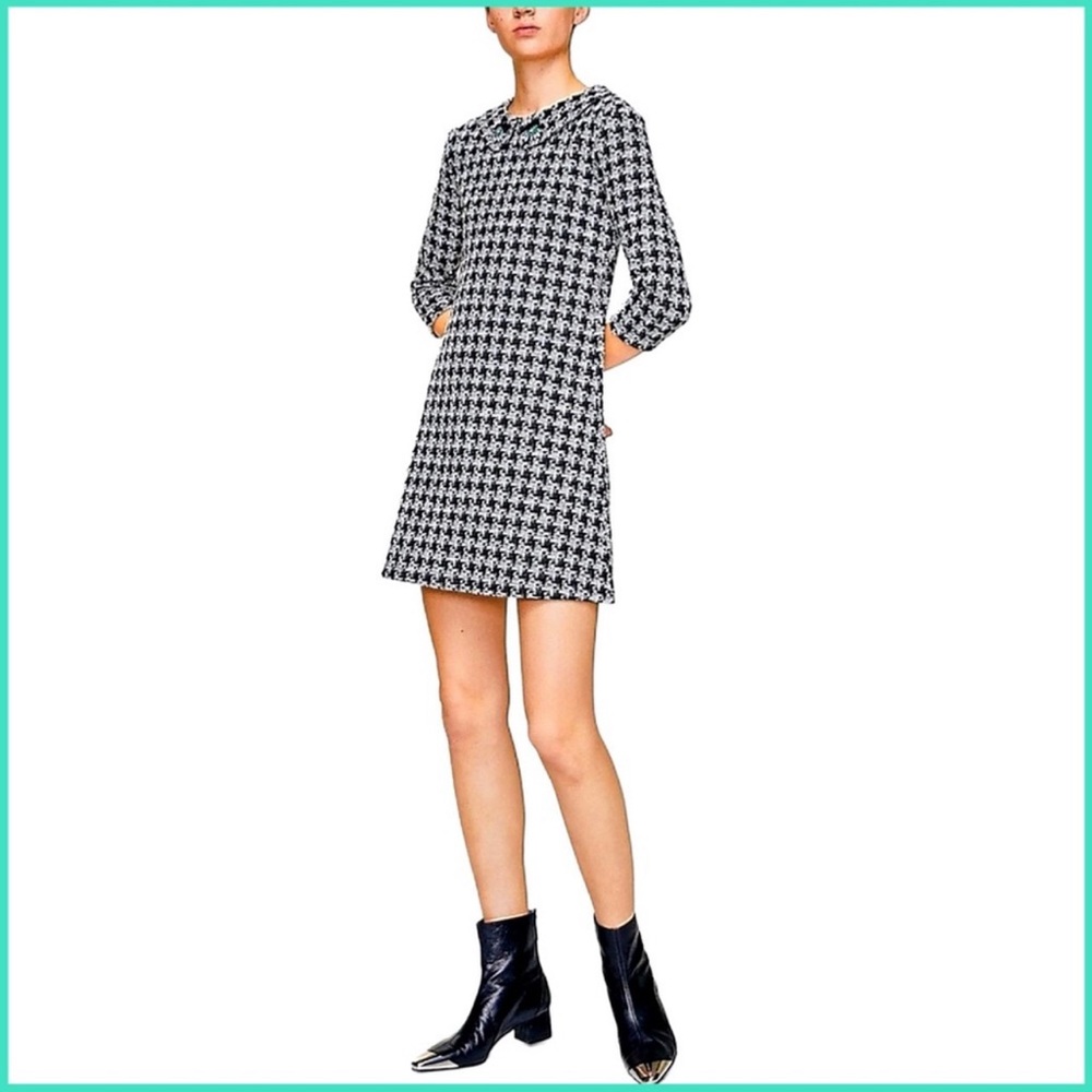 MNG Mango Black & White Houndstooth Tweed Mini Dress